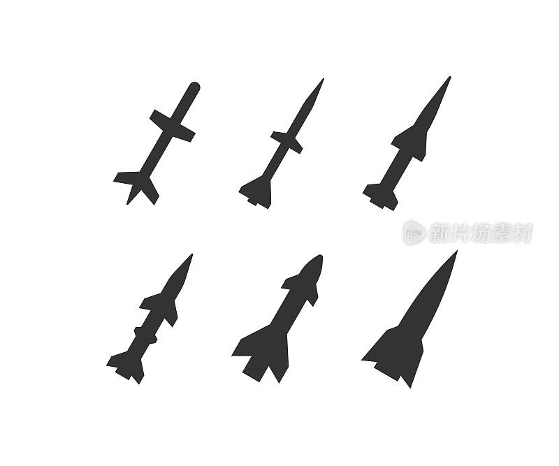 导弹炸弹图标集。火箭插图的象征。Sign army武器矢量